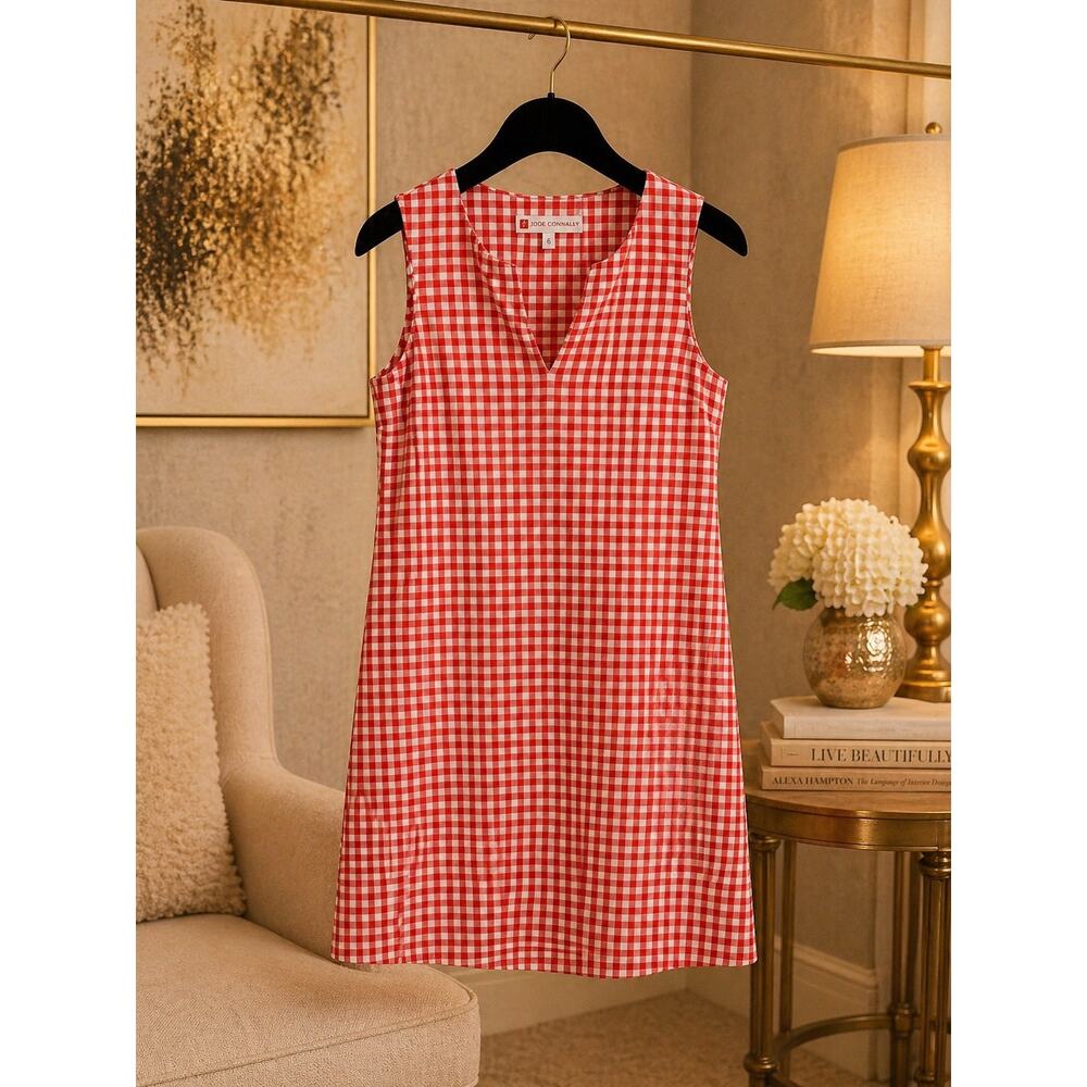 Jude Connally Red White Check Dress Sleeveless Split V Neck Shift Dress L Resort